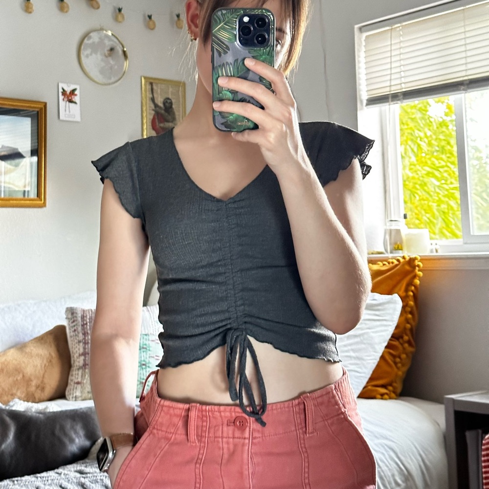 Small Antistar ribbed grey drawstring crop top